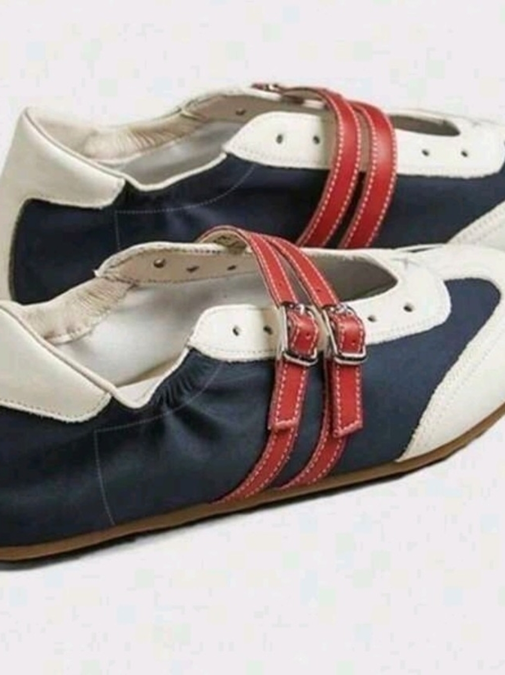 Blue and White Ballet Sneakers with Red Strap Detail